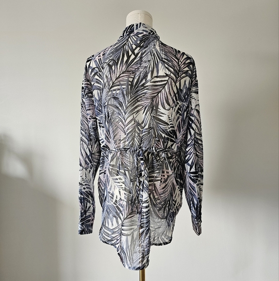 Simon Chang Xs Leaf Print Sheer Blouse Long Sleeve Button Up - Picture 3 of 6